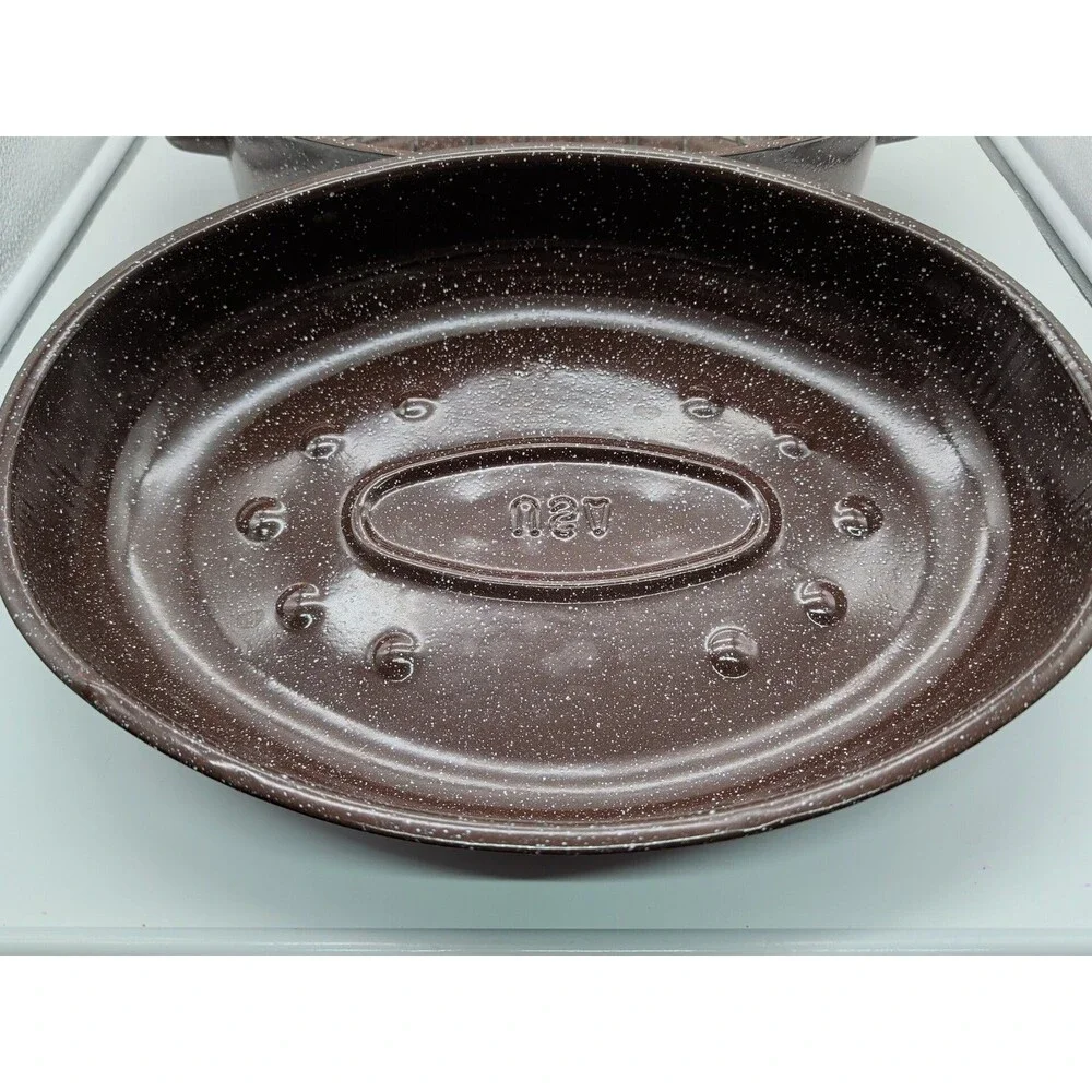 Graniteware Enamel Lrg Oval Oven VTG Brown Roast pan 16 x 12 x 4 in Lid USA